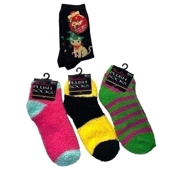 Fuzzy Holiday Socks Bundle of 4 Pairs | Cat & Striped Cozy Set NWT - Picture 1 of 7